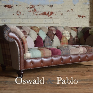 Unique British Handmade 3 Seater Patchwork Chesterfield Sofa - Red / Brown / Beige - Contrasting Vintage Brown Leather