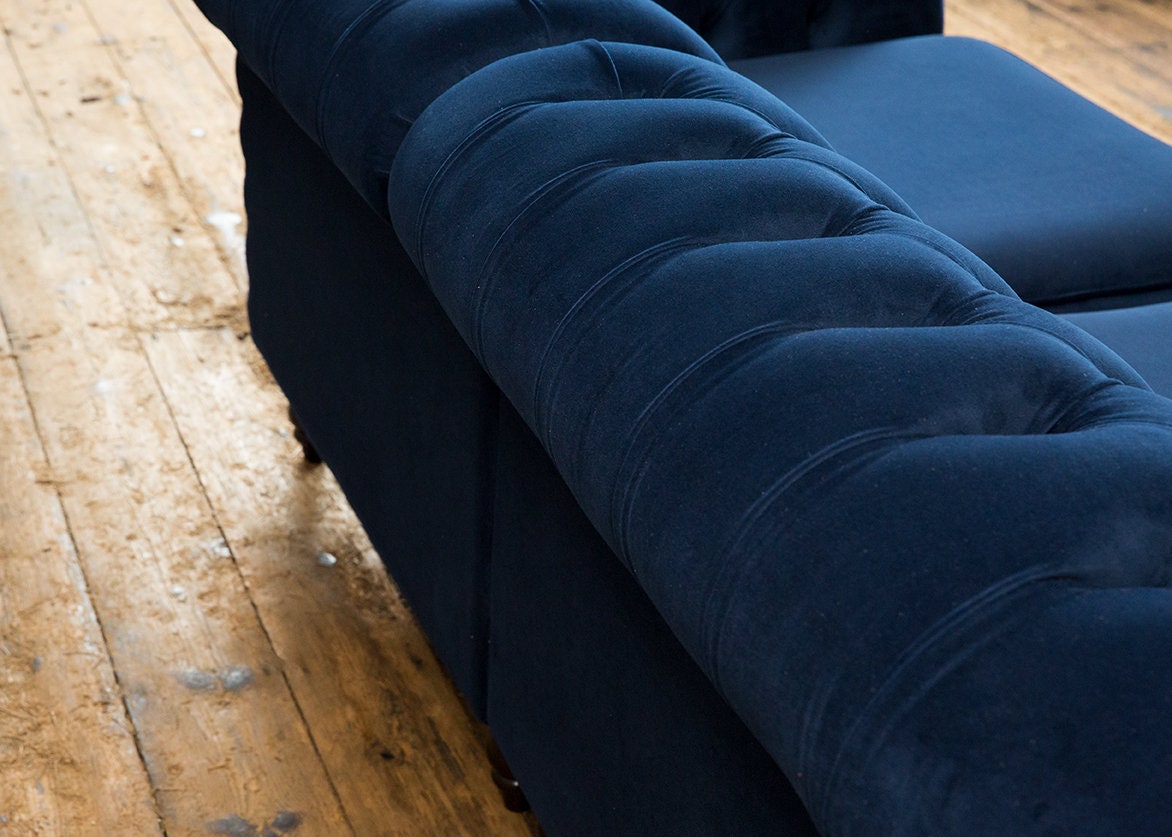 British Handmade 3 Seater Navy Blue Velvet Chesterfield Sofa - Split ...