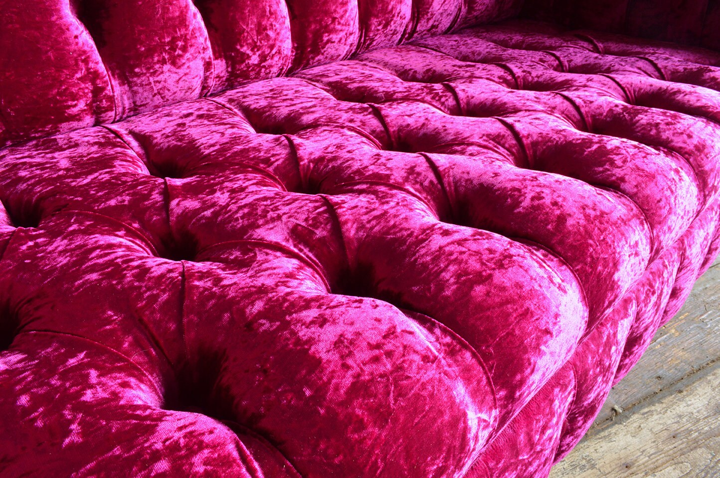British Handmade 3 Seater Fuchsia Pink Crushed Velvet Chesterfield