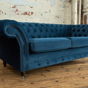 British Handmade 3 Seater Ocean Navy Blue Velvet Fabric Chesterfield ...