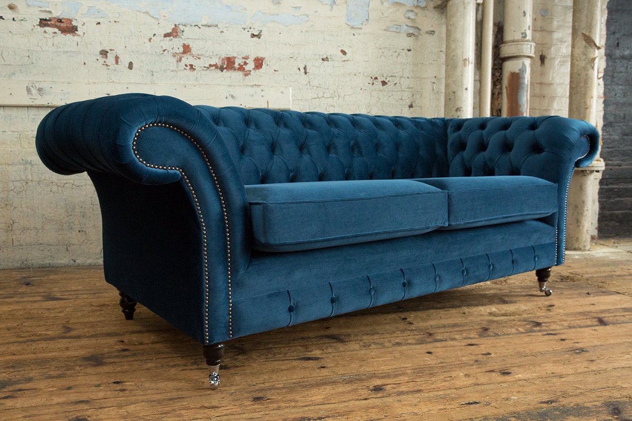 British Handmade 3 Seater Ocean Navy Blue Velvet Fabric Chesterfield ...