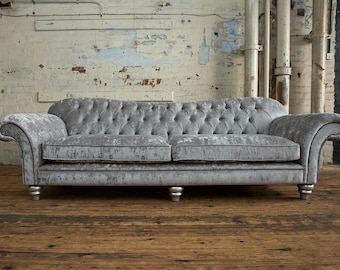 British Handmade 4 Seater Silver Grey Textured Velvet Chesterfield Sofa