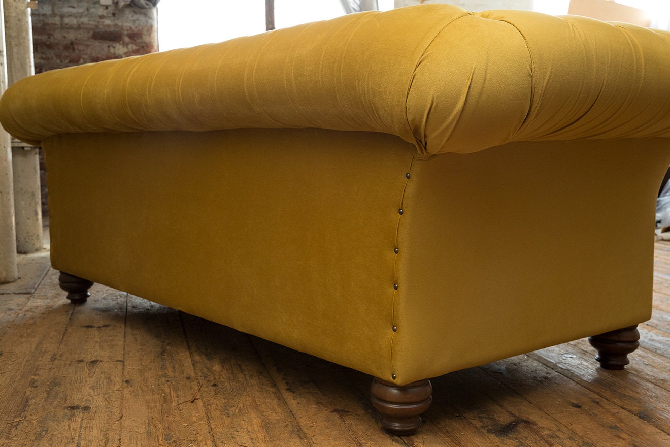3 Seater Mustard Velvet Fabric Chesterfield Sofa, British Handmade ...