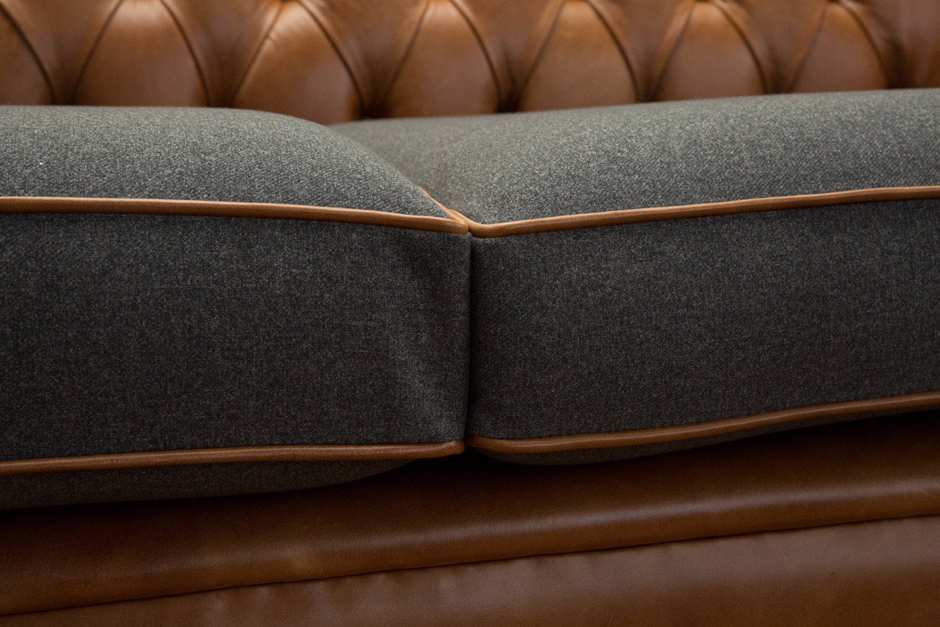 3 Seater Vintage Tan Leather Chesterfield Sofa, Dark Grey Wool, British ...