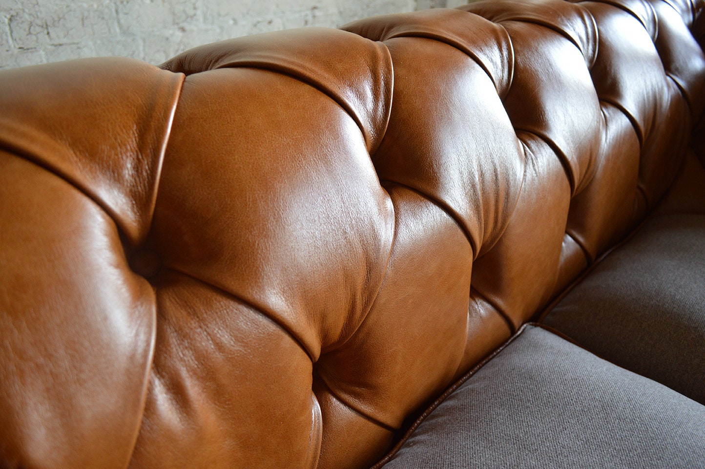 2 Seater Vintage Tan Leather Chesterfield Sofa, Light Grey Wool ...