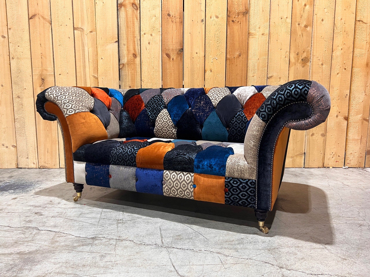 2 Seater Orange Grey Blue Velvet Fabric Patchwork Chesterfield Sofa Unique British Handmade Etsy Italia
