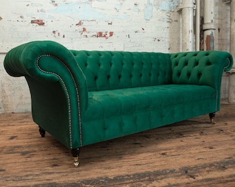 British Handmade 3 Places Emerald Green Velvet Tissu Chesterfield Canapé