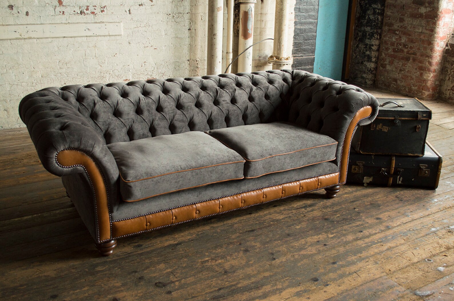 3 Seater Slate Grey Velvet Fabric Chesterfield Sofa, Vintage Tan ...