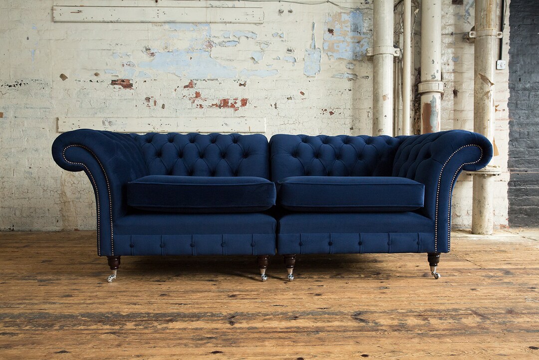 British Handmade 3 Seater Navy Blue Velvet Chesterfield Sofa - Split ...