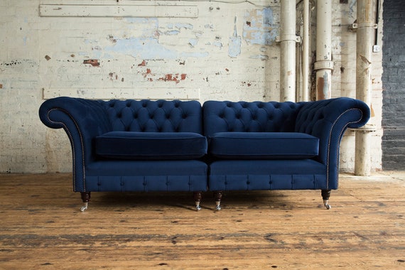 British Handmade 3 Seater Navy Blue Velvet Chesterfield Sofa Split