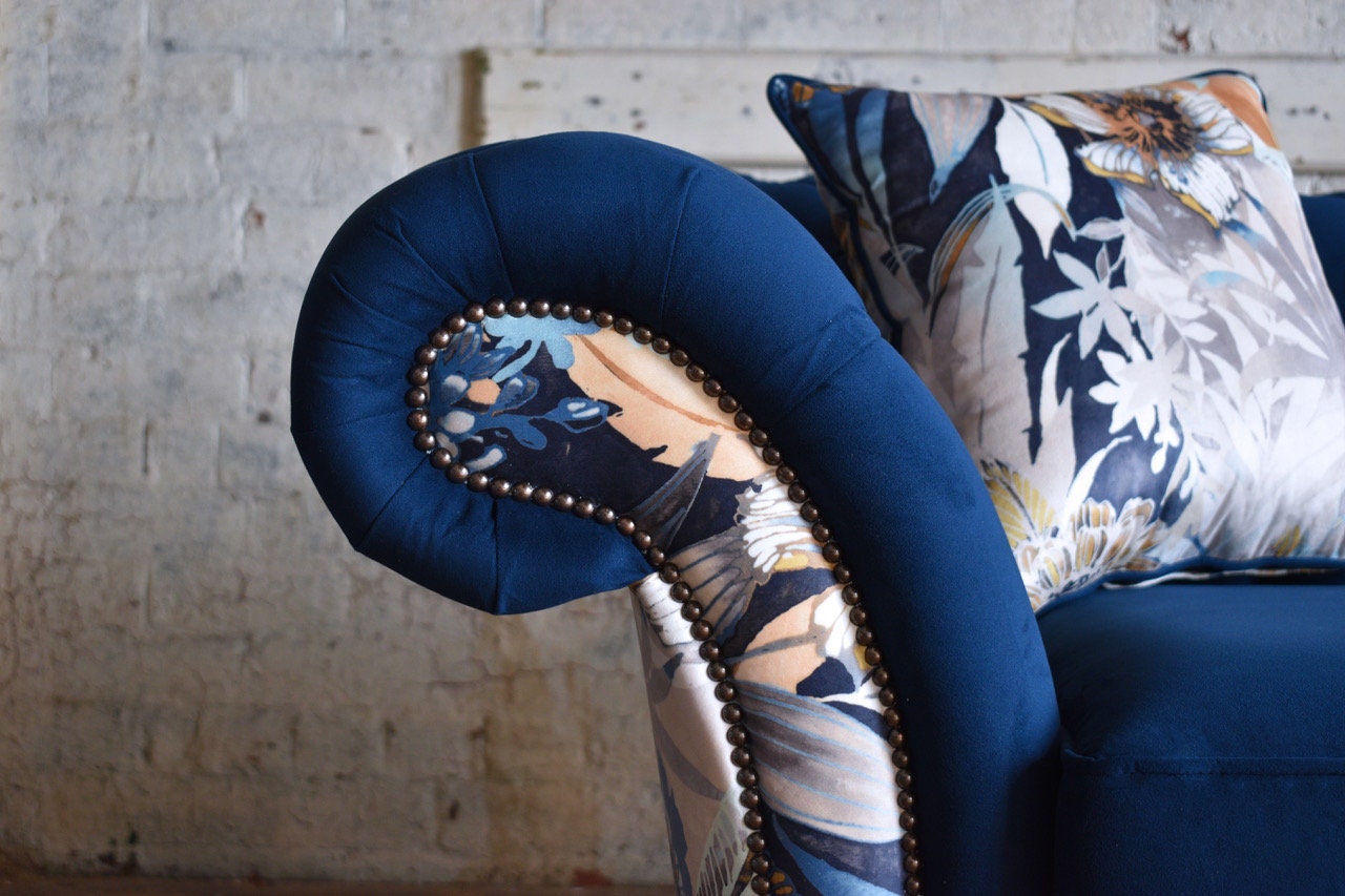 Handmade 3 Seater Navy Blue Velvet Fabric Chesterfield Sofa ...