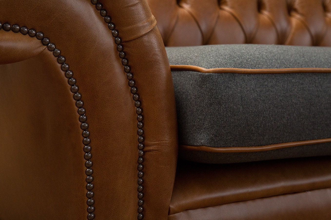 3 Seater Vintage Tan Leather Chesterfield Sofa, Dark Grey Wool, British ...