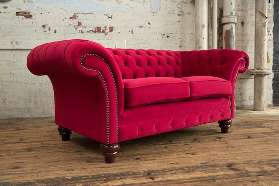 Modern British Handmade 2 Seater Red Velvet Fabric Chesterfield