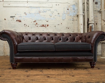 3 places en cuir brun foncé Chesterfield Sofa, & Charcoal Herringbone Wool, British Handmade