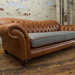 Handmade Vintage Tan Leather With Grey Linen 3 Seater Chesterfield Sofa ...