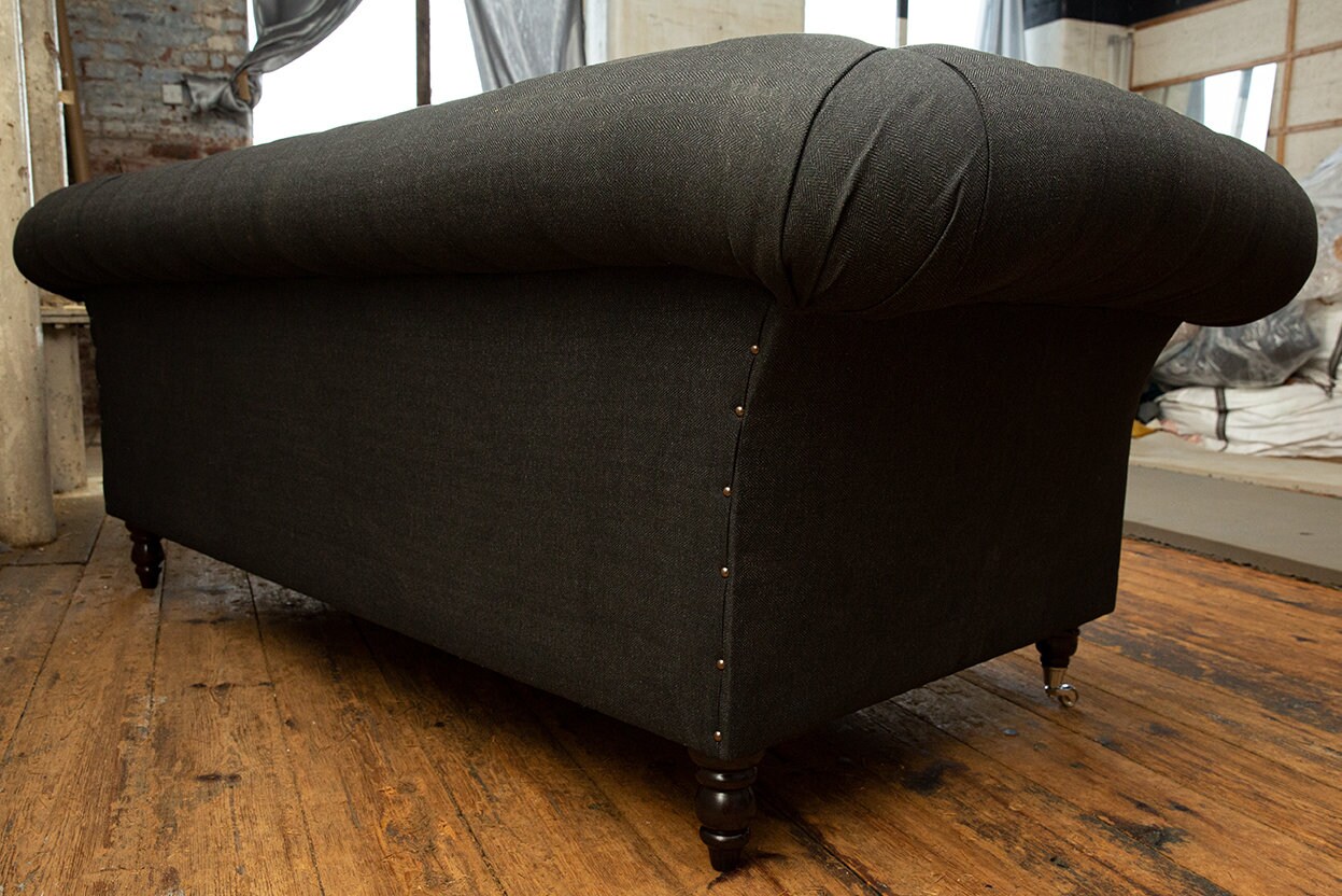 British Handmade 3 Seater Charcoal Grey Herringbone Wool & Tan Leather ...