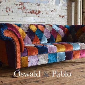 Unique British Handmade 3 Seater Bright Multicoloured Patchwork Velvet Fabric Chesterfield Sofa