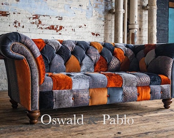 Unique British Handmade 3 Seater Copper Orange & Grey Velvet Fabric Patchwork Chesterfield Sofa
