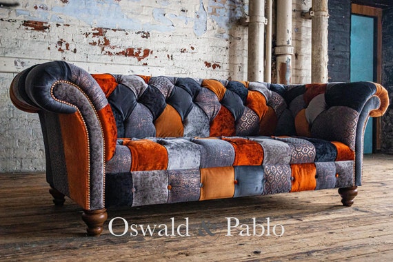 Unique British Handmade 3 Seater Copper Orange Grey Velvet