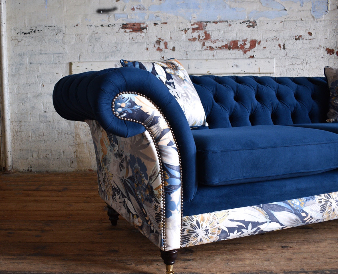 Handmade 3 Seater Navy Blue Velvet Fabric Chesterfield Sofa ...