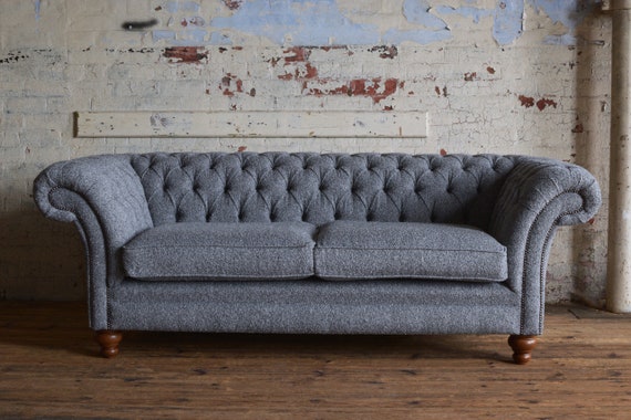Chesterfield Sofa 3 Seater Grey Boucle Fabric British Handmade Etsy