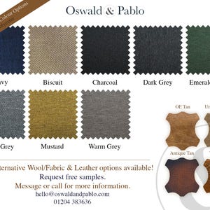 May include: A fabric swatch card showing various herringbone wool colors, including navy, biscuit, charcoal, dark grey, emerald green, iron grey, mustard, and warm grey. The card also includes a section for leather options, with swatches in OE tan, urban light tan, antique tan, and vintage tan. The card is titled "Oswald & Pablo" and includes contact information for the company.