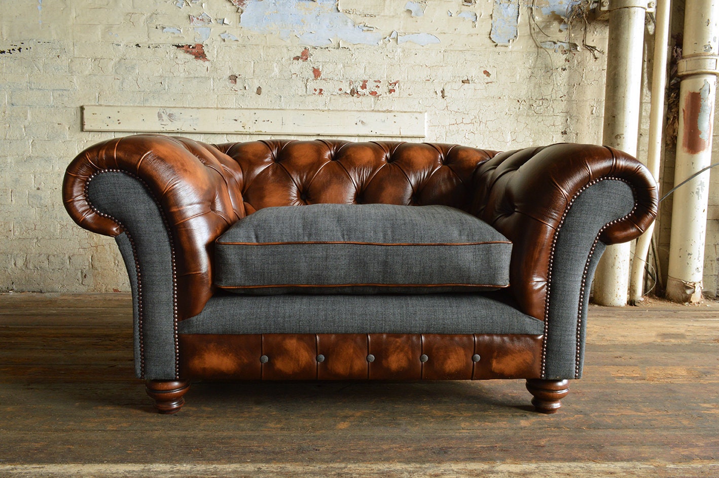 Chesterfield Snuggle Chair, Antique Tan Brown Leather & Dark Grey Wool ...