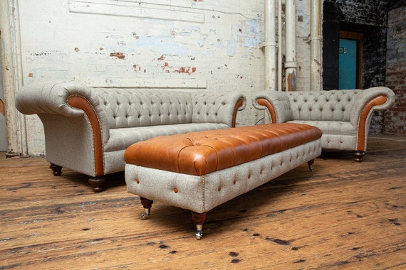 Handmade 3str + 1.5str + Footstool Suite | Wheat Herringbone Wool & Vintage Tan Leather Chesterfield Sofa