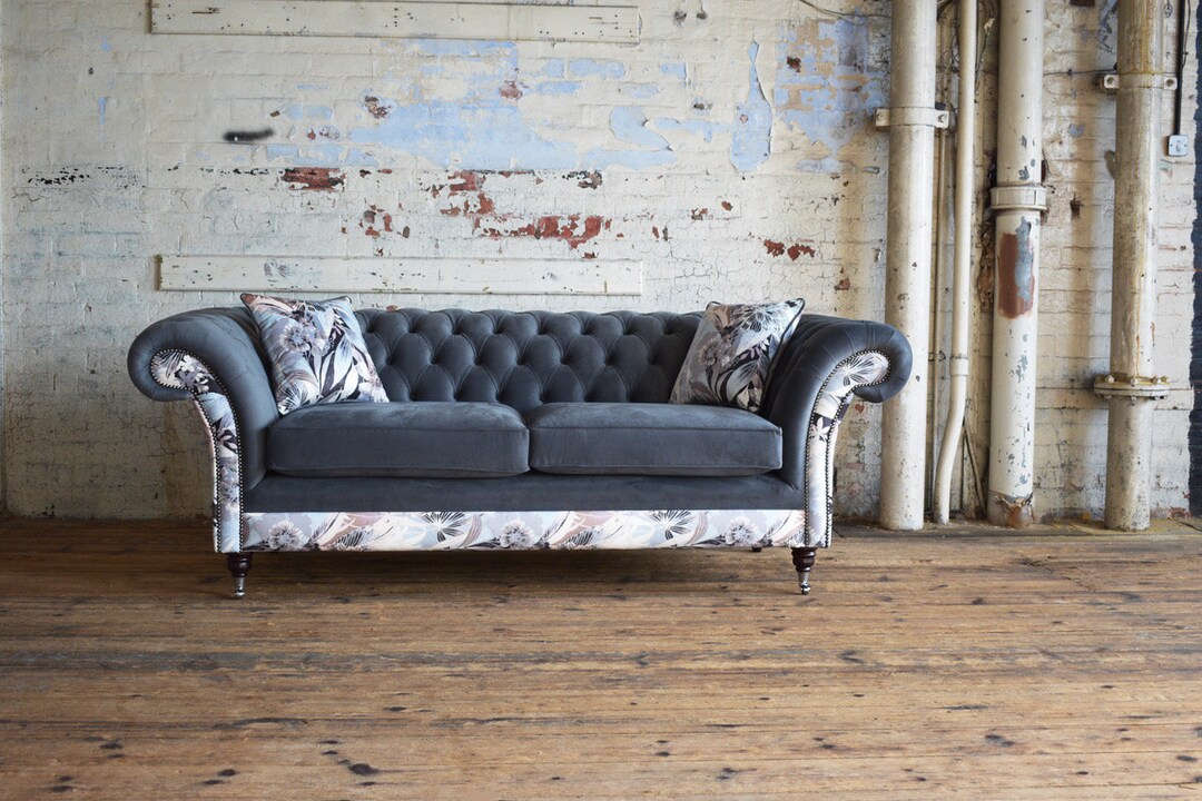 Handmade 3 Seater Grey Velvet Fabric Chesterfield Sofa Contrasting Chic ...