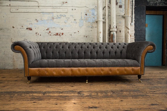 Handmade Large 4 Seater Slate Grey Velvet Vintage Tan Leather