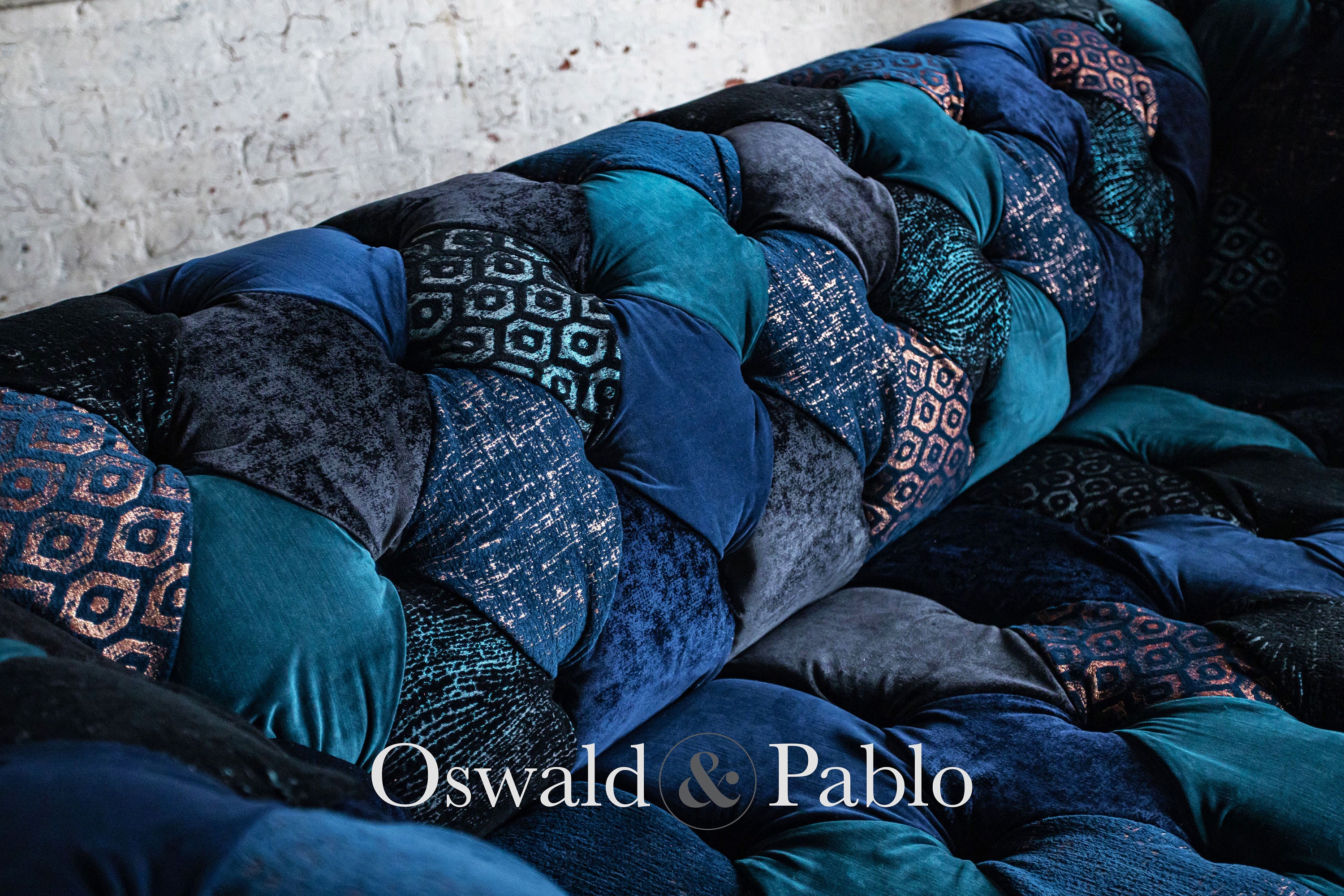 Unique British Handmade 3 Seater Navy Blue Velvet Fabric Patchwork ...