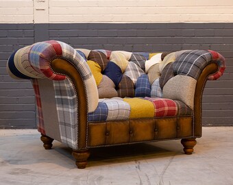 Unique British Handmade 1.5 Seater Patchwork Chesterfield Snuggle Sofa - Multicolour Wool Blends with Antique Tan Leather Facings and Border