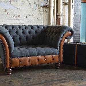 British Handmade Dark Grey Wool & Vintage Tan Leather Chesterfield ...