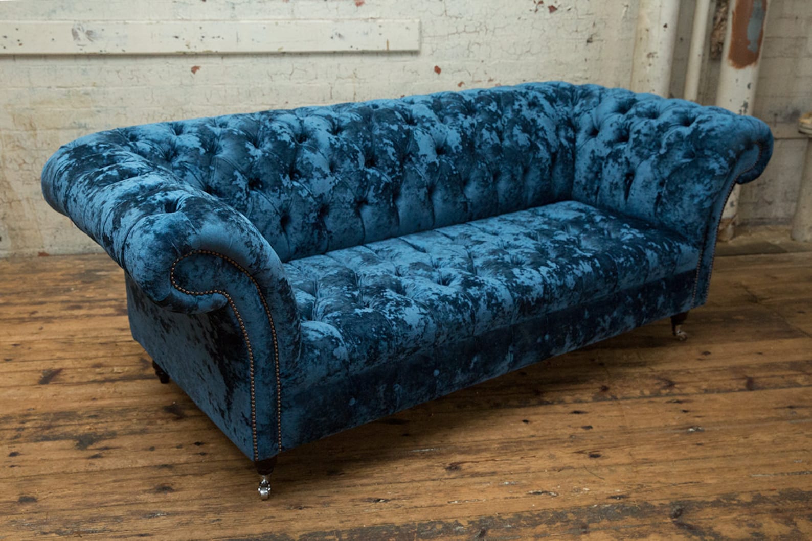 British Handmade Navy Blue Crushed Velvet 3 Seater Chesterfield Sofa ...