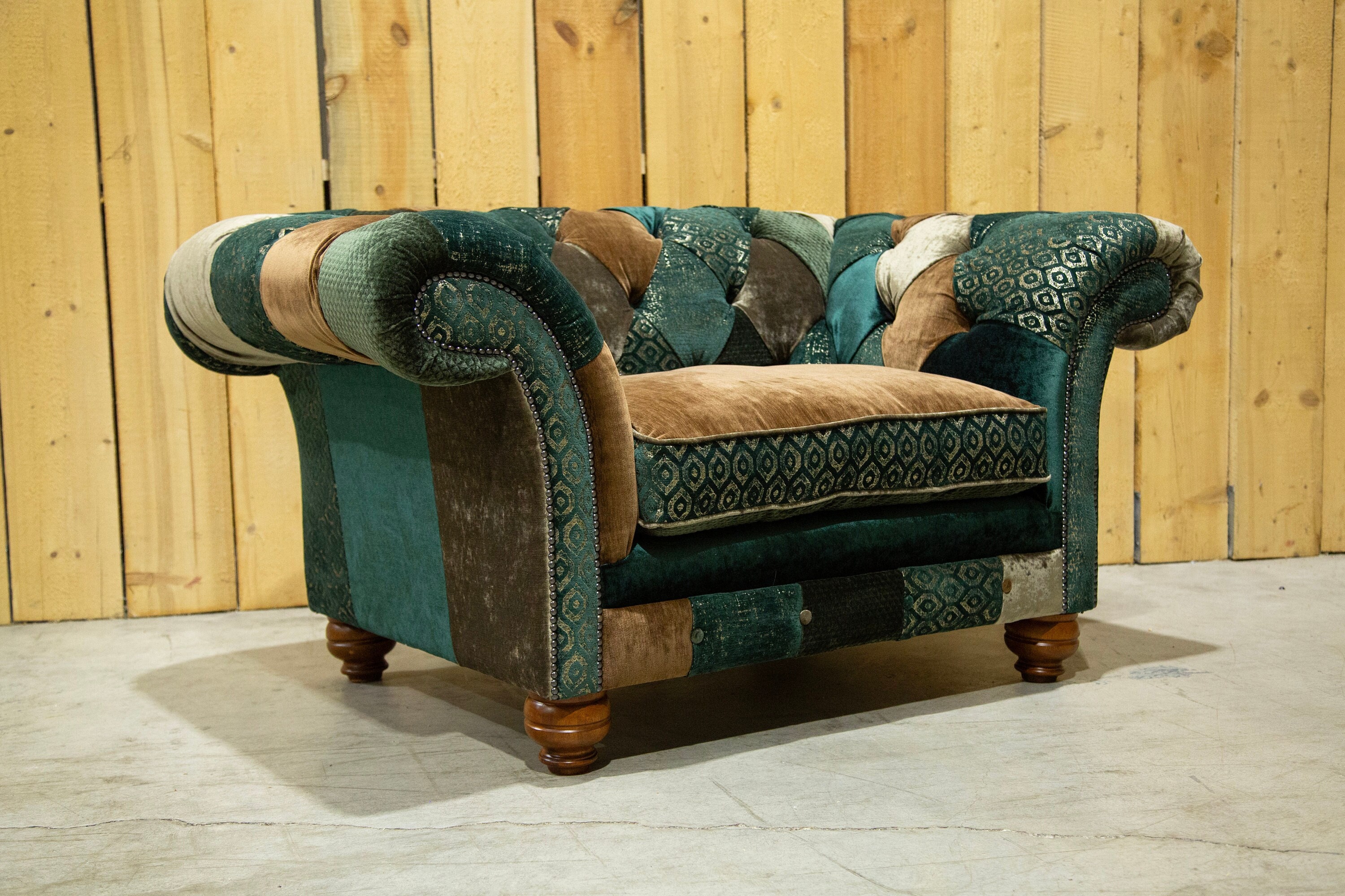 Unique British Green Copper Velvet Fabric Patchwork Chesterfield Snuggle Armchair Etsy