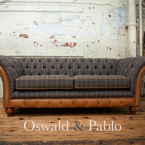 3 Seater Tan Brown Tweed Fabric Chesterfield Sofa, Vintage Tan Leather ...
