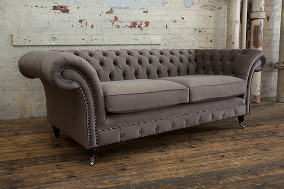 Modern British Handmade 3 Seater Mink Velvet Chesterfield Sofa