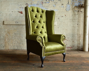 British Handmade Green Velvet Chesterfield High Back Wing Chair,  Fireside