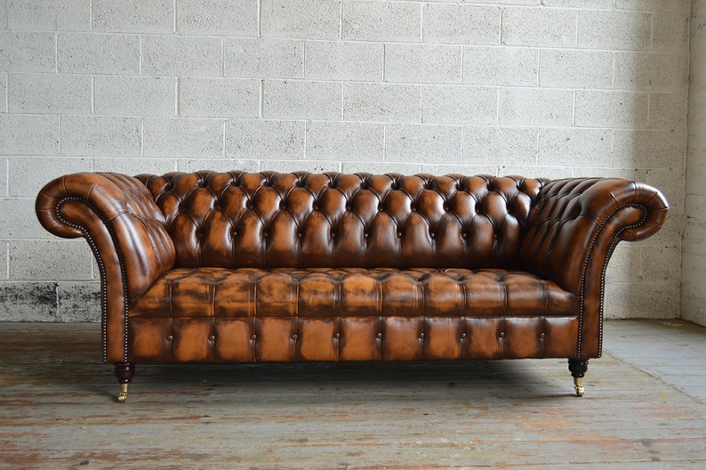 Handmade 3 Seater Antique Tan Leather Chesterfield Sofa, Couch, Settee Other Colours image 3