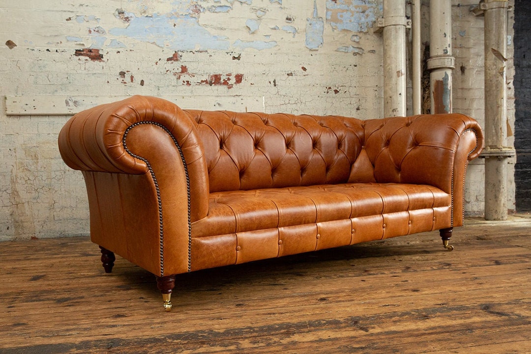 British Handmade 3 Seater Vintage Tan Brown Leather Chesterfield Sofa ...