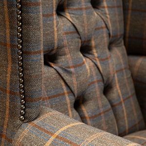 British Handmade Tan Brown Herringbone Tweed with Antique Tan Leather High Back Wing Chair image 6