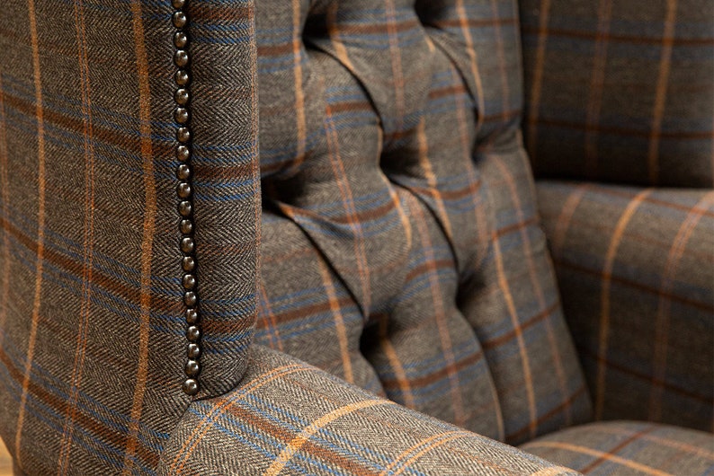 British Handmade Tan Brown Herringbone Tweed with Antique Tan Leather High Back Wing Chair image 6