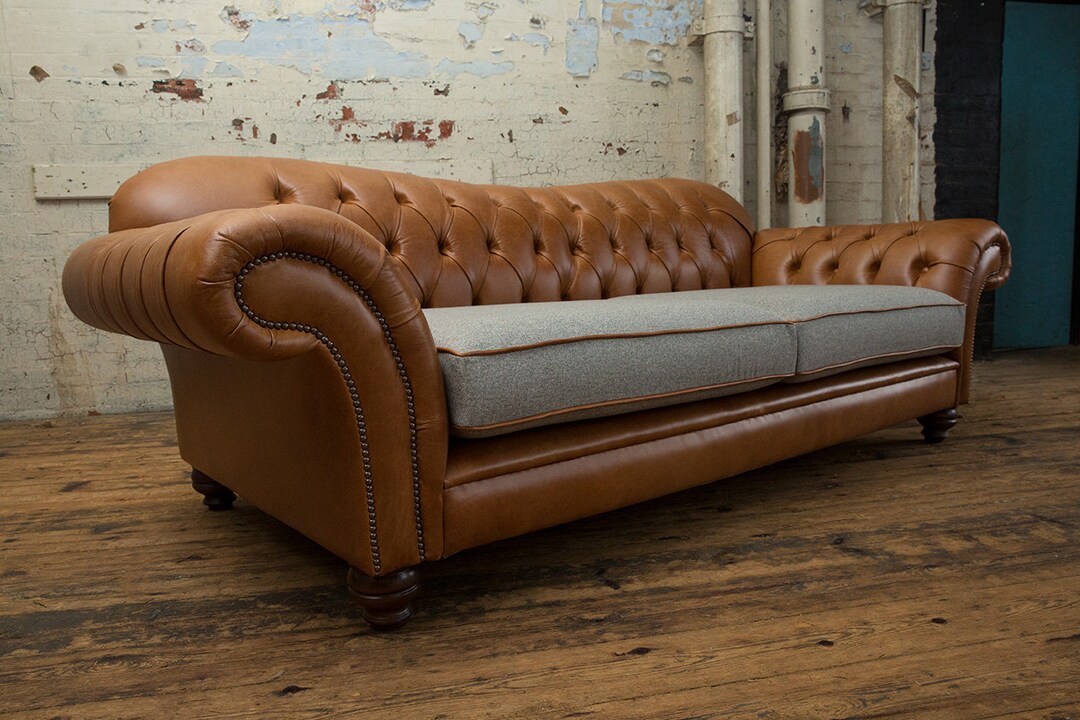 Handmade 3 Seater Vintage Tan Leather & Warm Grey Herringbone Wool ...