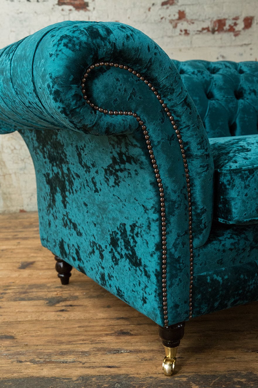 British Handmade 3 Seater Dark Teal Crushed Velvet Chesterfield Sofa ...