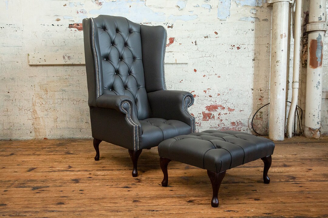 Handmade Dark Grey Leather Chesterfield High Back Wing Chair Etsy
