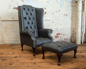 Handmade Dark Grey Leather Chesterfield High Back Wing Chair