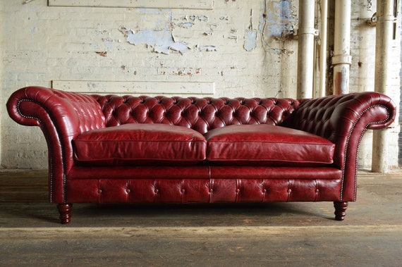 Red leather 3 seater sofa outlet