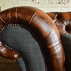 Chesterfield Snuggle Chair, Antique Tan Brown Leather & Dark Grey Wool ...