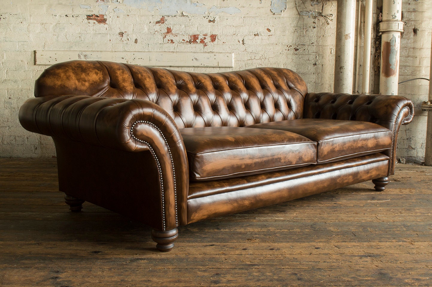 Large Handmade 3 Seater Antique Tan Leather Chesterfield Sofa - Reflex ...