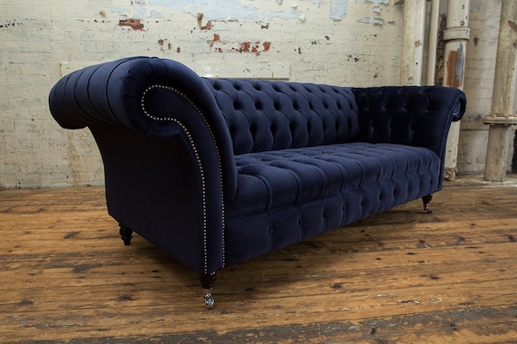 Buy British Handmade Ink Blue Velvet 3 Seater Chesterfield Sofa